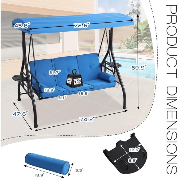 3 Seat Outdoor Swing with Stand, 3-in-1 Porch Swing Adjustable Canopy Deep Cup Holders Thickened Cushions for Yard Garden Blue