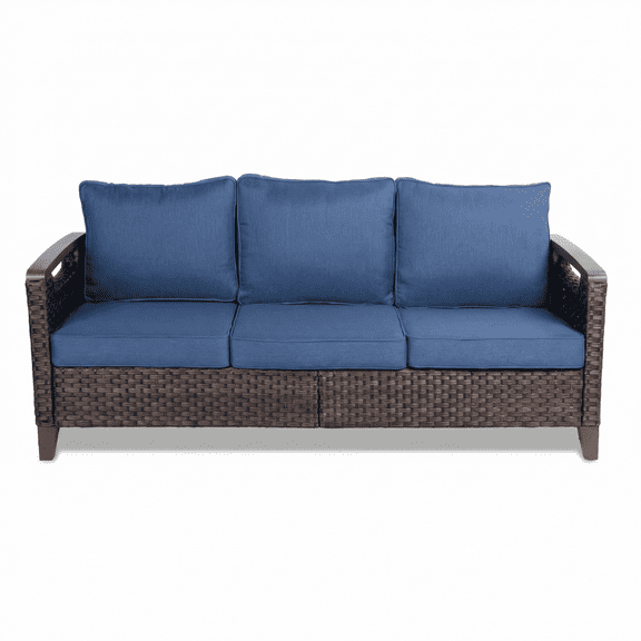 3 Seat Outdoor Wicker Patio Sofa with Cushions, All-Weather Rattan Couch for Backyard, Deck, Porch or Garden Seating, Blue