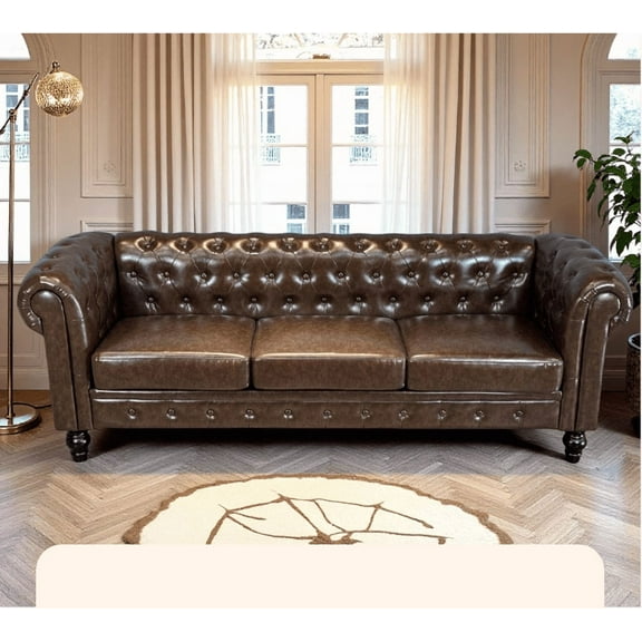 3-Seat PU Chesterfield Sofa for Living Room | Modern Tufted Upholstered Couch | Brown Faux Leather | Rolled Arms | Solid Wood Legs | Apartment Furniture