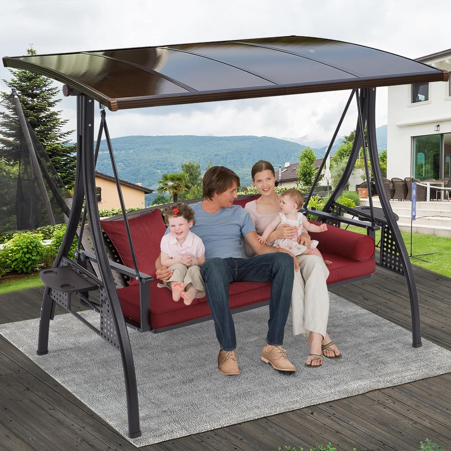 HOMREST 3 Seater Outdoor Porch Swing Steel Frame Adjustable Canopy Cushions Cup Holder Khaki Walmart