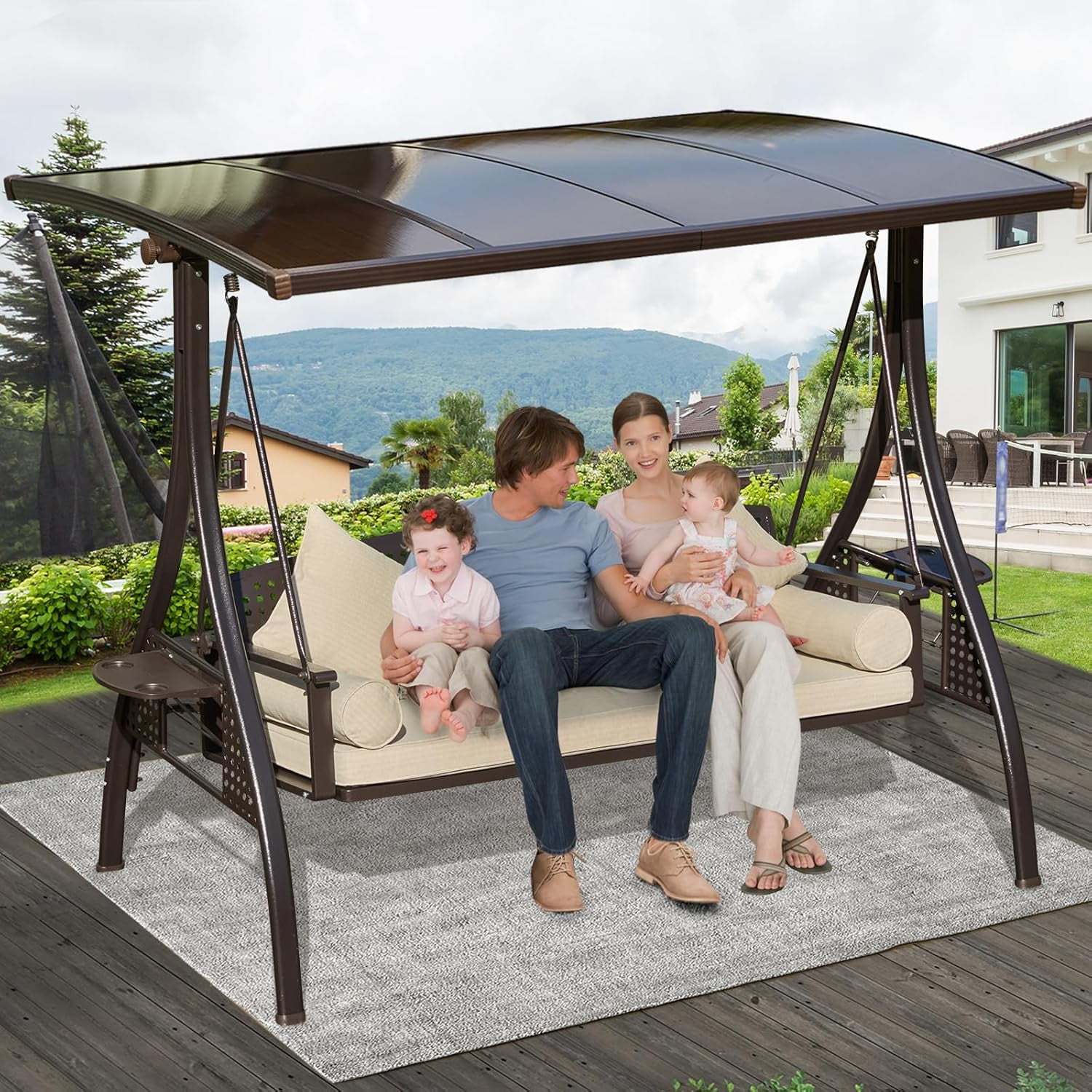 Pirecart 3 Seat Patio Porch Swing Outdoor Converting Swing Chair with Canopy Cushion