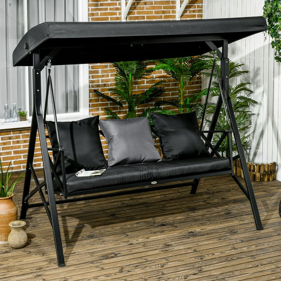 3 Seat Patio Swing Chair, Porch Swing Glider with Adjustable Canopy, Steel Frame Swing Bench for Porch, Garden, Poolside, Backyard