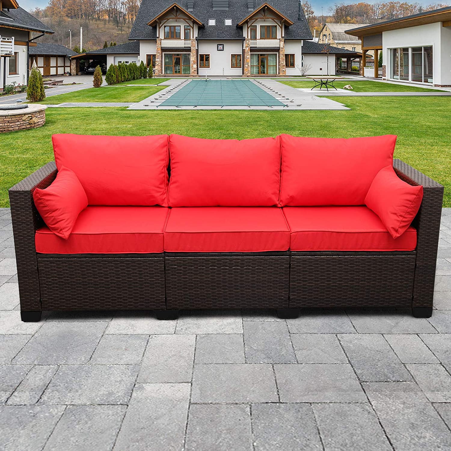 3Seat Patio Wicker Couch Outdoor Rattan Sofa Seat High Back NoSlip