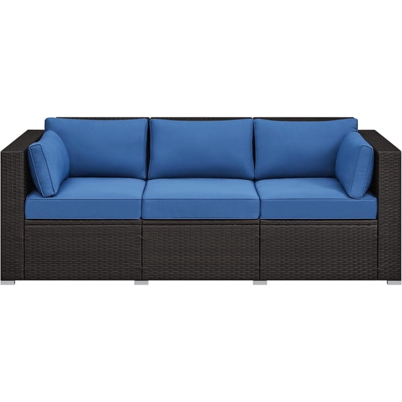 3-Seat Patio Wicker Sofa, Outdoor Rattan Couch with Furniture Cover, Deep Seat High Back with Cushions & Throw Pillows for Deck/Porch/Balcony/Yard, Brown/Dark Blue
