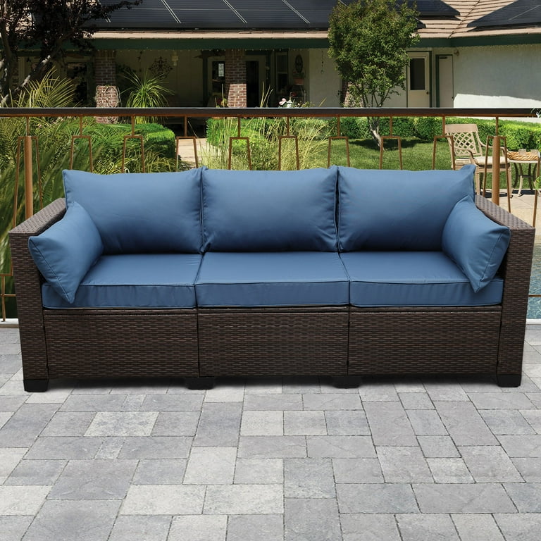 3 Seat Patio Wicker Sofa Outdoor Rattan Couch Furniture Steel Frame with High Back NO Slip Cushioned Blue