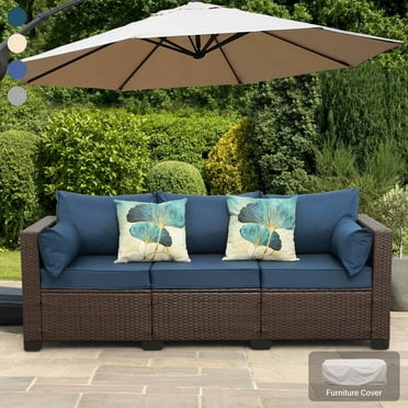 3-Seat Patio Wicker Sofa Outdoor Rattan Couch Furniture Steel Frame with High Back NO-Slip Cushioned, Blue