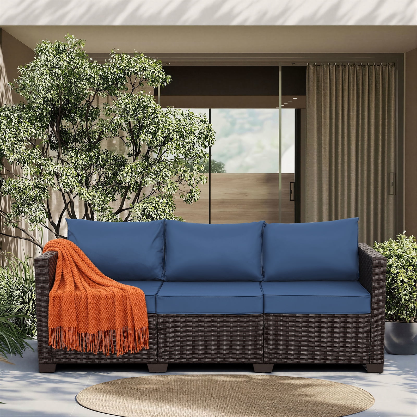 3-Seat Patio Wicker Sofa Outdoor Rattan Couch Furniture Steel Frame with High Back NO-Slip Cushioned, Blue