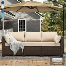 3-Seat Patio Wicker Sofa Outdoor Rattan Couch Furniture with Anti-Slip Cushions and Waterproof Furniture Cover, Khaki