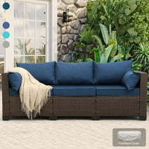 3-Seat Patio Wicker Sofa Outdoor Rattan Couch Furniture with Anti-Slip Cushions and Waterproof Furniture Cover, Navy Blue