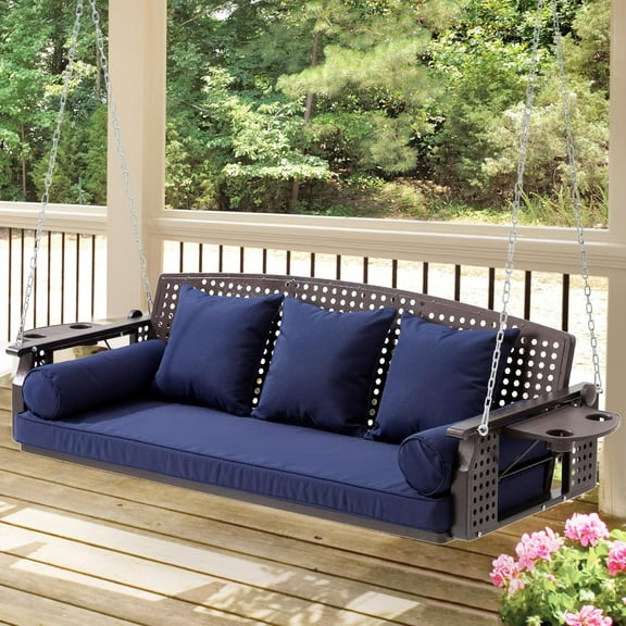 3 Seat Porch Swing, Patio Swing Bench with Cup Holders & 3 Back Cushions, Swing Chair with Chains for Deck Garden Backyard,Deep Blue