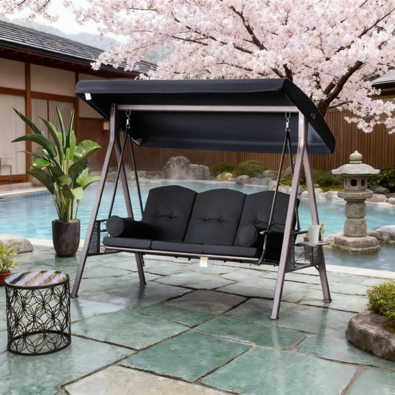 3-Seat Porch Swing for Garden, Poolside, Backyard, Black