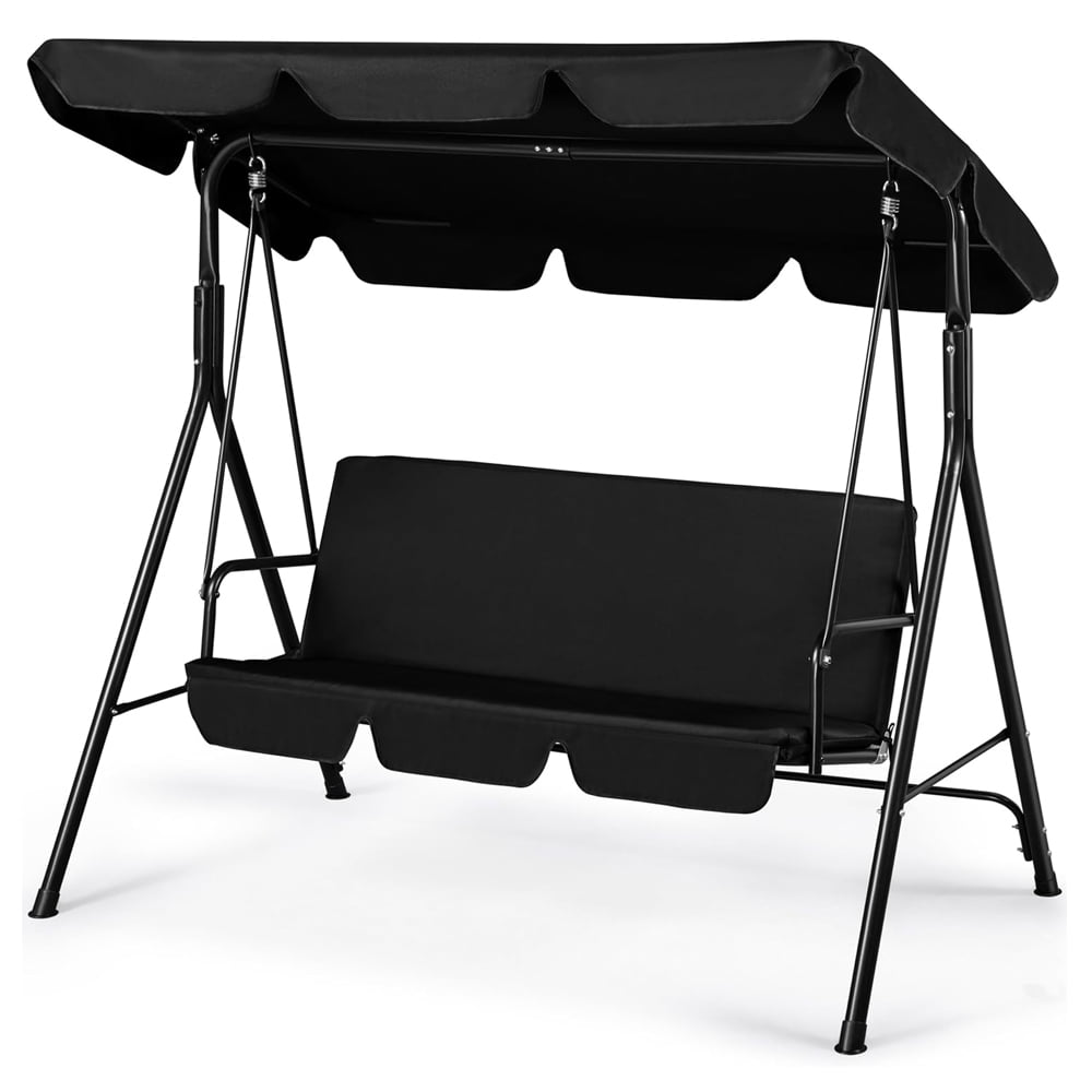 Black Powder Coated Steel 3-Person Outdoor Patio Swing with Adjustable Canopy