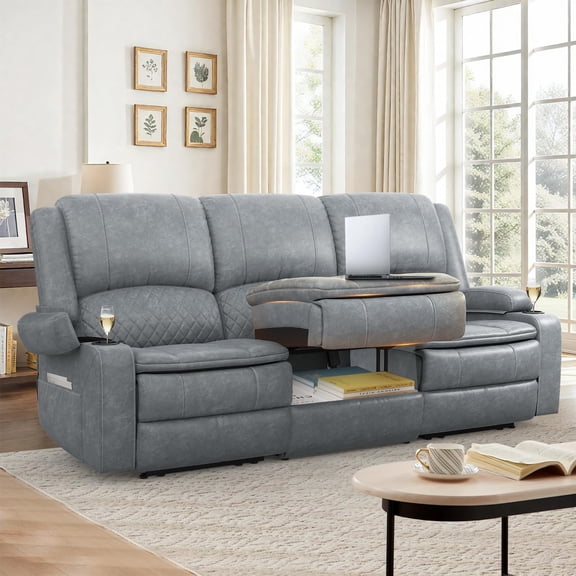 3 Seat Power Loveseat Recliner Sofa with USB & Storage, Wall Hugger RV Theater Seating with RGB Light, Electric Reclining Loveseat with Remote Control, Fabric Blue