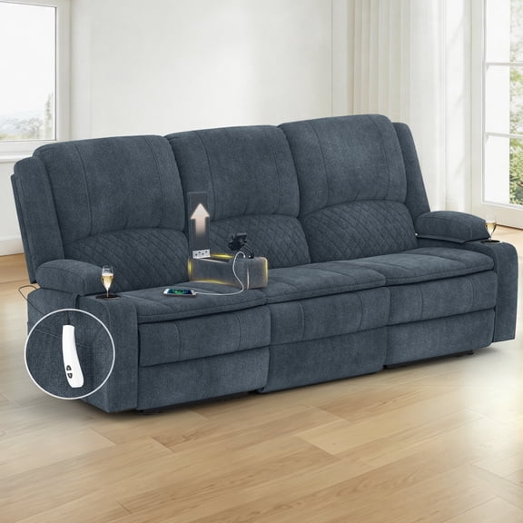 3 Seat Power Loveseat Recliner Sofa with USB & Storage, Wall Hugger RV Theater Seating with RGB Light, Electric Reclining Loveseat with Remote Control, Fabric Blue