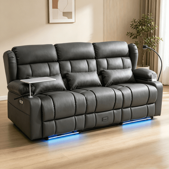 3-Seat Power Recliner Sofa with Console, Massage & Heat, LED Theater Seating with Drawer, USB Charging, Cup Holders, Drawer, Tray Table ＆ Phone Holder, Faux Leather, Black