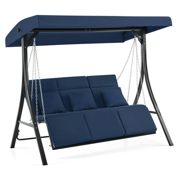 MCombo 3-Seat Heavy Duty Reclining Porch Swing Chair with Legrest, 680 lb Capacity, Cushions and Pillows, Dark Blue