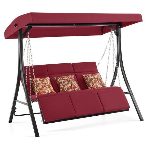 MCombo 3-Seat Heavy Duty Reclining Porch Swing Chair with Legrest, 680 lb Capacity, Cushions and Pillows, Burgundy