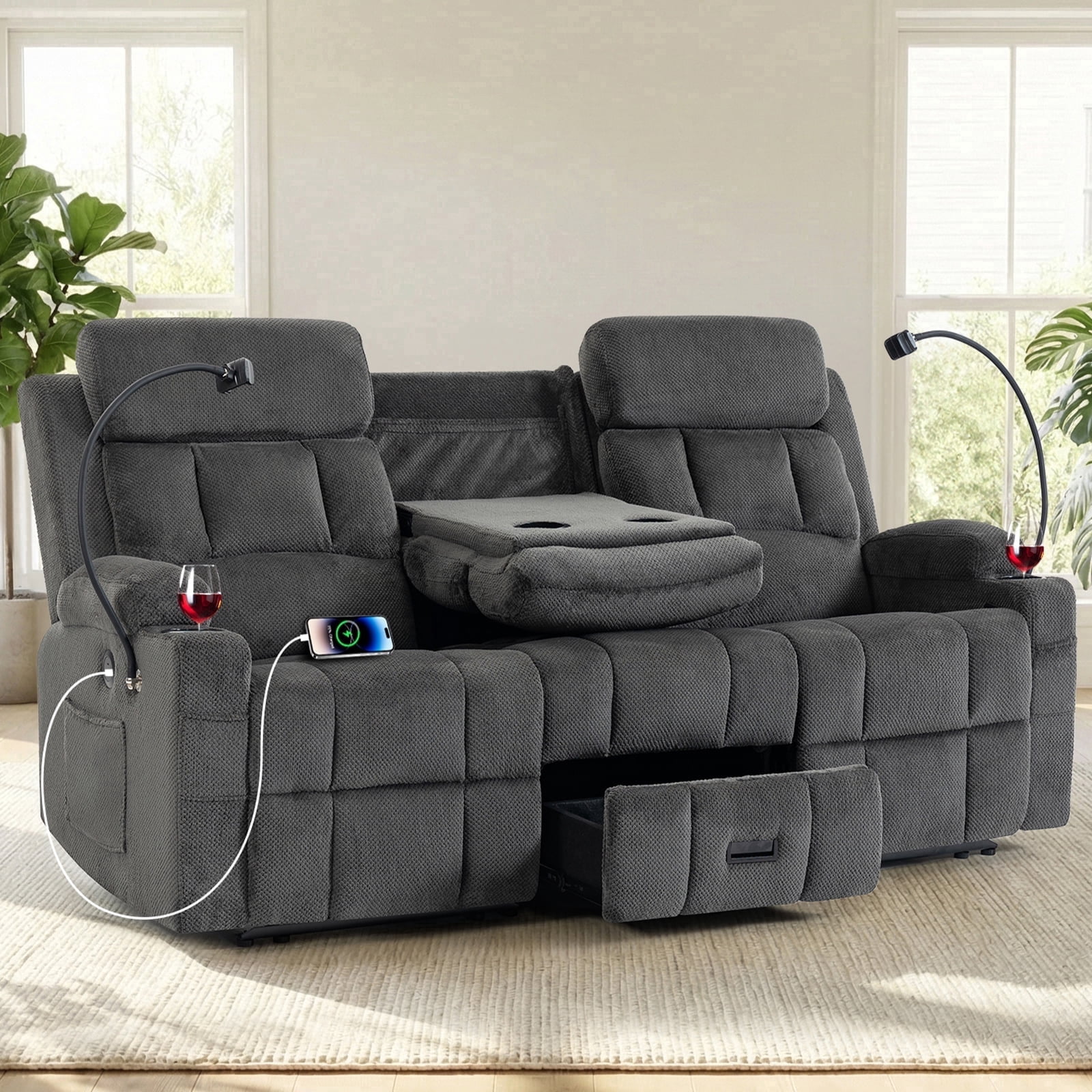 3-Seat Reclining Sofa with Flip Middle Backrest, Manual Loveseat Recliner with Storage Drawer, USB & Type-C Ports, Cup Holders & Phone Holders, Gray