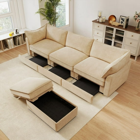 Modern Crescent-shaped 3-Seater Sectional Sofa with Chenille Fabric, 220×80×75cm, Hidden Storage