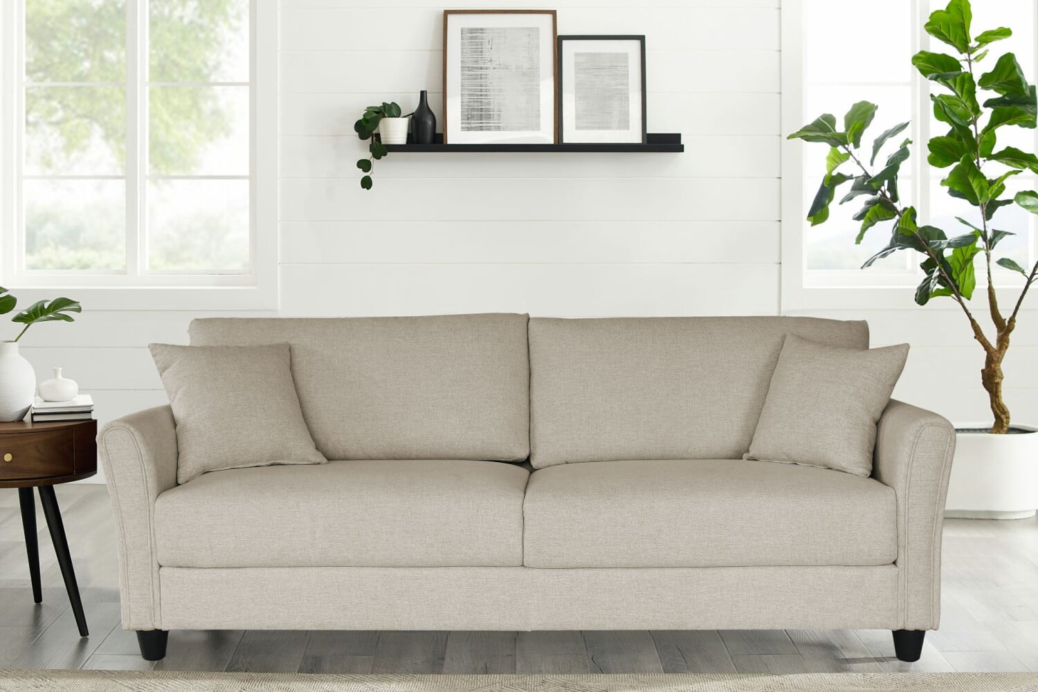 3 Seat Sofa, Modern Upholstered Sofa with 2 Pillows and Solid Wood
