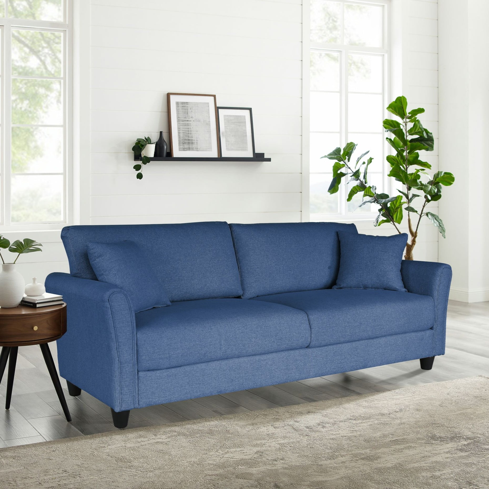 3 Seat Sofa, Modern Upholstered Sofa with 2 Pillows and Solid Wood