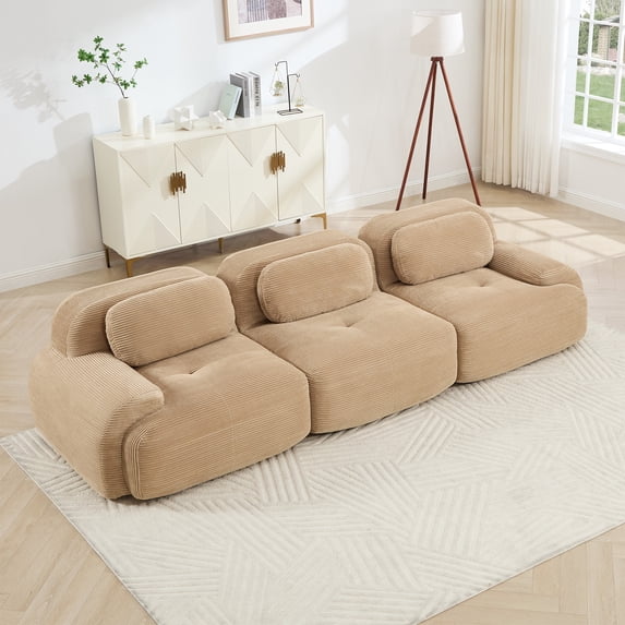 3-Seat Sofa Premiumcorduroy Fabric Fabric Modular Multi-Combination Anti-Slip Design No Assembly Curved Armrests Ergonomic Support High-Resilience Sponge for Living Rooms Bedrooms (Camel)