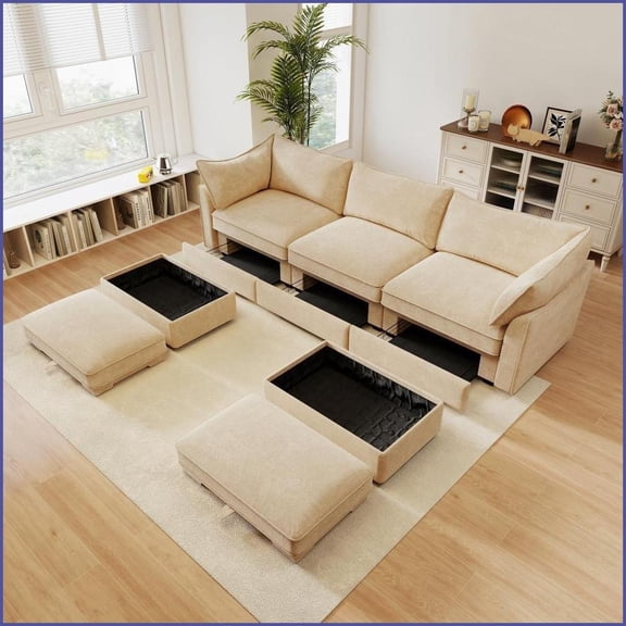 3-Seat U-Shape Modular Sectional Sofa with 2 Ottomans | Chenille Fabric | Cushion Back | Flared Arms – Modern Nordic Style with Hidden Storage for Living Room