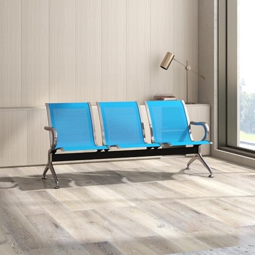 3-Seat Waiting Room Chairs, Metal Waiting Room Bench with Armrests, Ergonomic Reception Chairs for Clinic, Lobby, Hospital, Salon, Bank, Airport (Blue)$$Office