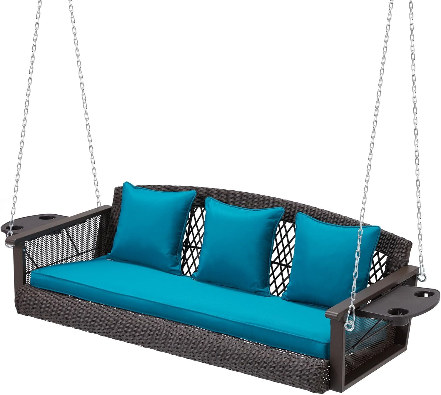 3Seat Wicker Hanging Porch Swing Outdoor with NonSpill Cup Holder
