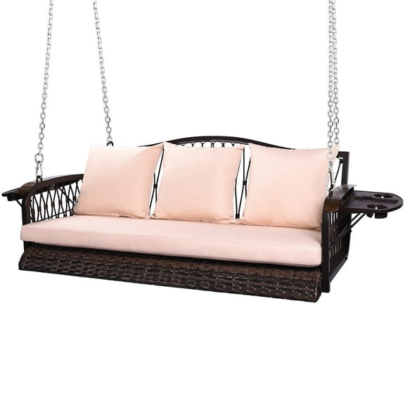 zzw 3-Seat Wicker Porch Swing with Cushions, 900 lb Capacity Heavy Duty Outdoor Hanging Bench, Includes 8.9 ft Chains & Cup Holders