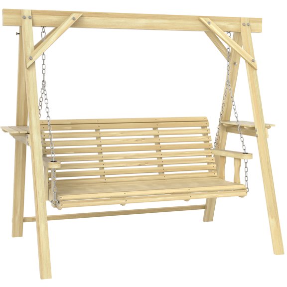 3 Seat Wooden Porch Swing with Stand, Patio Swing with Side Tables, Outdoor Garden Swing for Backyard, Poolside, Natural Wood