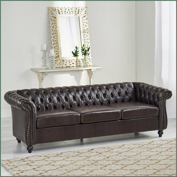 3-Seater American Chesterfield Sofa – Low Profile for Small Living Rooms with Button Tufting | Brown | PU | Rolled Arms