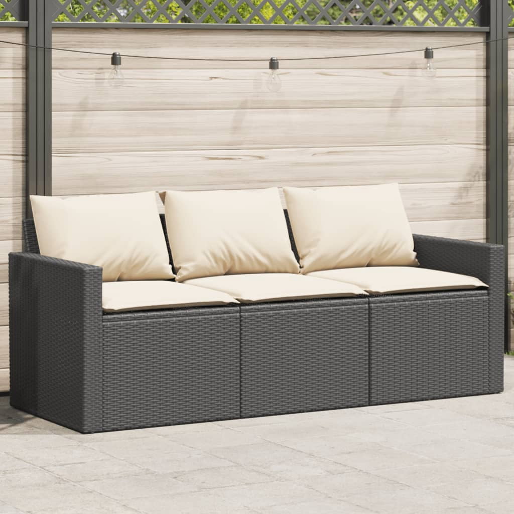 3-Seater Black Poly Rattan Patio Sofa with Soft Cushions, Weather ...