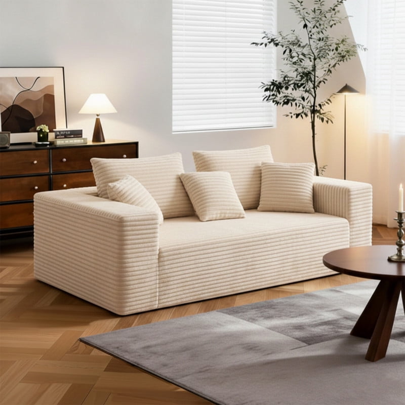 3-Seater Boneless Corduroy Upholstered Armrest Sofa, No Assembly Floor Couch, Memory Foam Large Loveseat with Throw Pillow