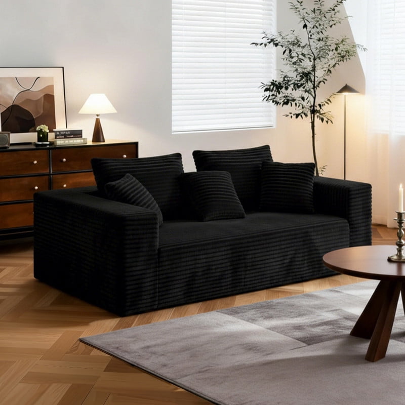 3-Seater Boneless Corduroy Upholstered Armrest Sofa, No Assembly Floor Couch, Memory Foam Large Loveseat with Throw Pillow