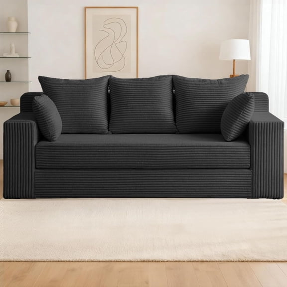 3 Seater Boneless Couch for Living Room Convertible Futon Sofa Bed Comfy Pull Out with 5 Pillows Detachable Washable Cover Upholstered Floor in A Box No Assembly Required Black