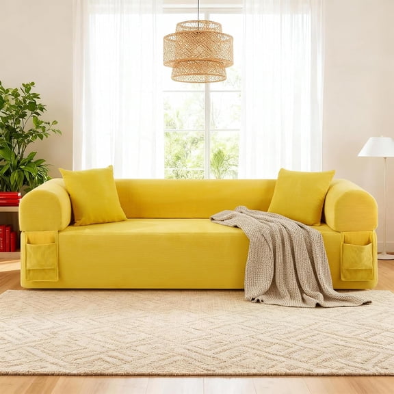 3 Seater Boneless Couches for Living Room, Corduroy Couch with 2 Pillows & Storage, Memory Foam Couch in a Box, Compressed Floor Sofa with Armrests, No Assembly Required Cloud Sofa, Yellow