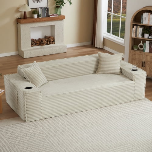 3 Seater Boneless Sofa, Modern Cloud Couch Style, No Assembly Needed, Plush Corduroy Upholstered Sofa with Pocket Spring Support, Compressed Living Room Couch for Apartment, Office, Camel