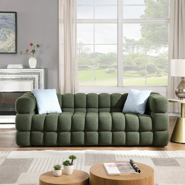 3 Seater Boucle Sofa with 2 Pillows Modern Comfy Upholstered Sofa Couch with Square Arms Leisure Marshmallow Sofa for Living Room Bedroom Office Apartment Olive Green Walmart