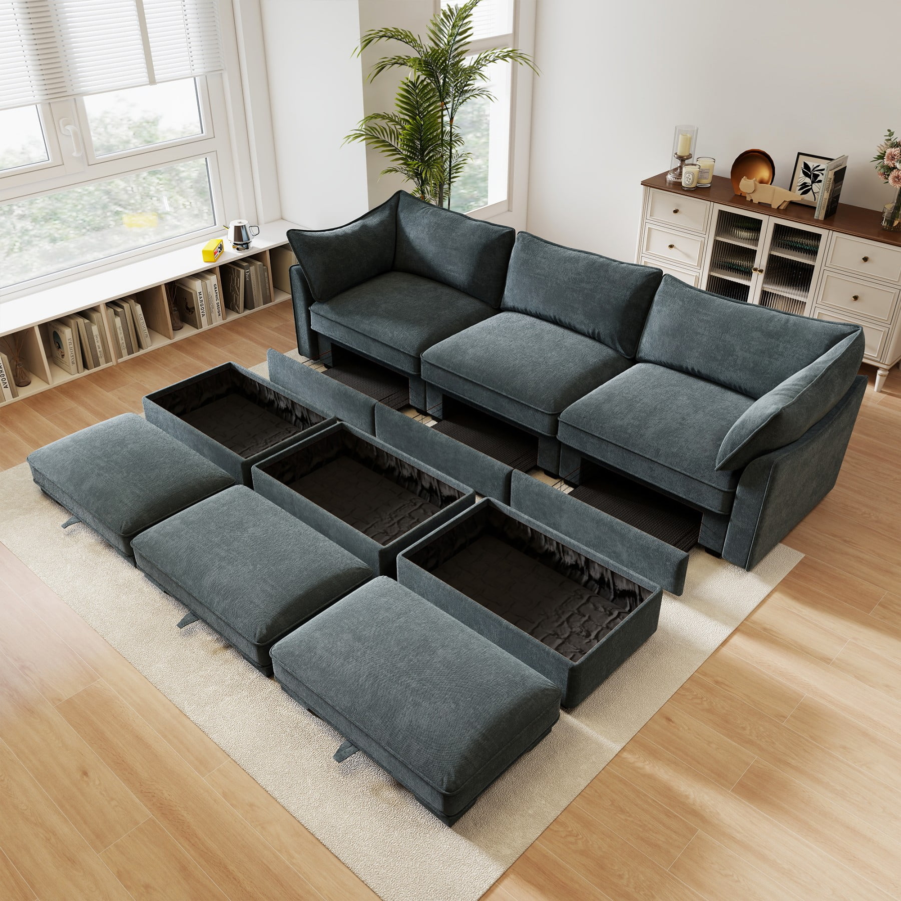 3Seater Chenille Sofa with 3 Ottomans Modular Home Theater Sleeper — free download