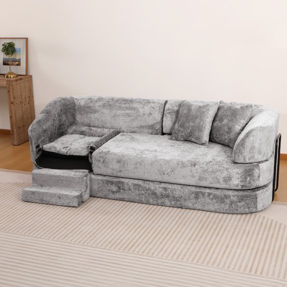 3-Seater Chenille Sofa with Built-In Pet Bed Nook, Modern Curved Compressed Foam Living Room Couch with 2 Throw Pillows