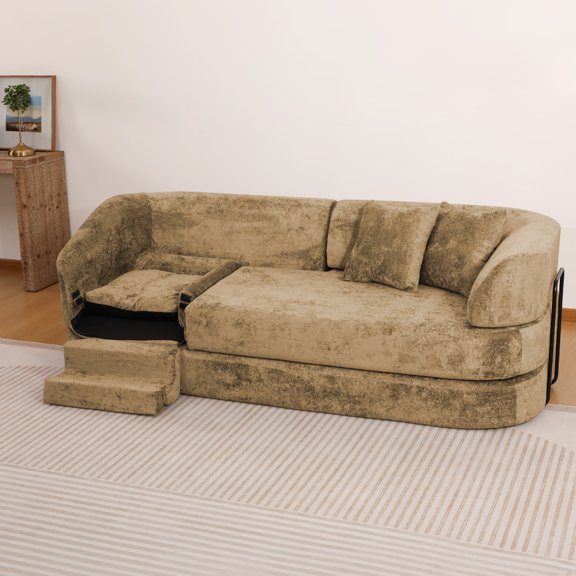 3-Seater Chenille Sofa with Built-In Pet Bed Nook, Modern Curved Compressed Foam Living Room Couch with 2 Throw Pillows