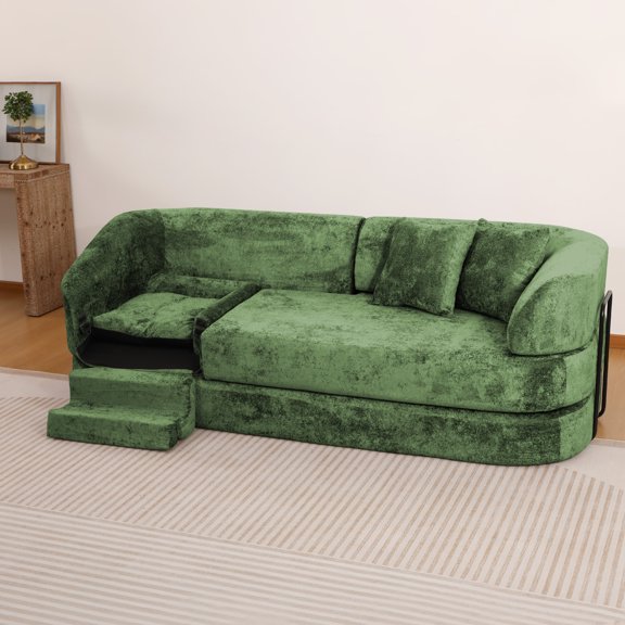 3-Seater Chenille Sofa with Built-In Pet Bed Nook, Modern Curved Compressed Foam Living Room Couch with 2 Throw Pillows