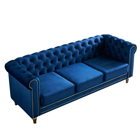 3 Seater Chesterfield Button Tufted Velvet Sofa, Wide Upholstered Couch with Rolled Arms Removable Cushions Metal Legs for Living Room Office Apartment