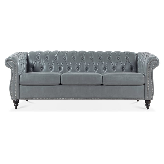 3 Seater Chesterfield Faux Leather Sofa, Button Tufted Couch With Nailhead Trim Rolled Arms for Living Room Office