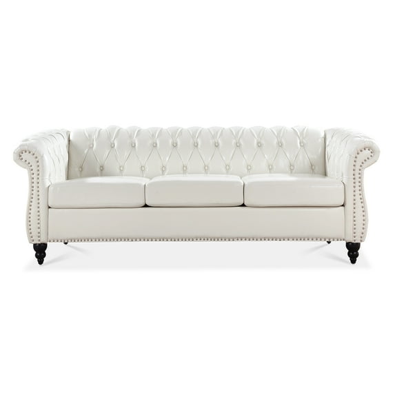 3 Seater Chesterfield Faux Leather Sofa, Button Tufted Couch With Nailhead Trim Rolled Arms for Living Room Office