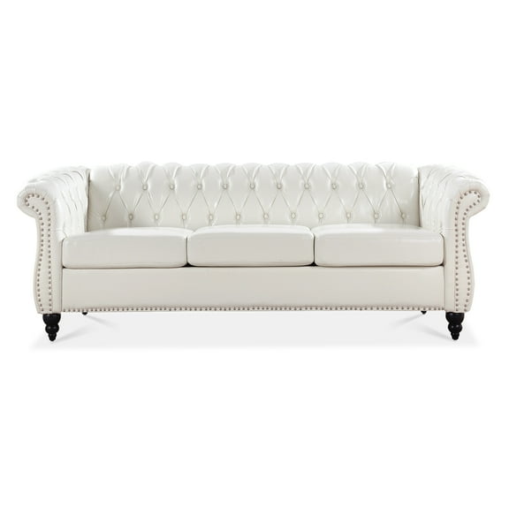3 Seater Chesterfield Faux Leather Sofa, Button Tufted Couch With Nailhead Trim Rolled Arms for Living Room Office