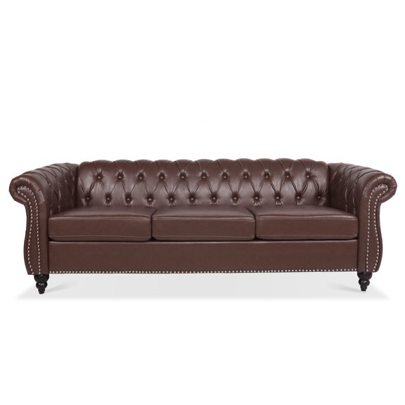 3 Seater Chesterfield Faux Leather Sofa, Button Tufted Couch With Nailhead Trim Rolled Arms for Living Room Office