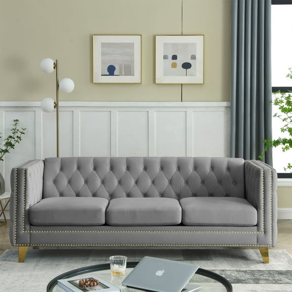 3 Seater Chesterfield Upholstered Velvet Sofa, Button Tufted Couch with Nailhead Trim Arms Removable Cushions Gold Metal Legs for Living Room Office Apartment