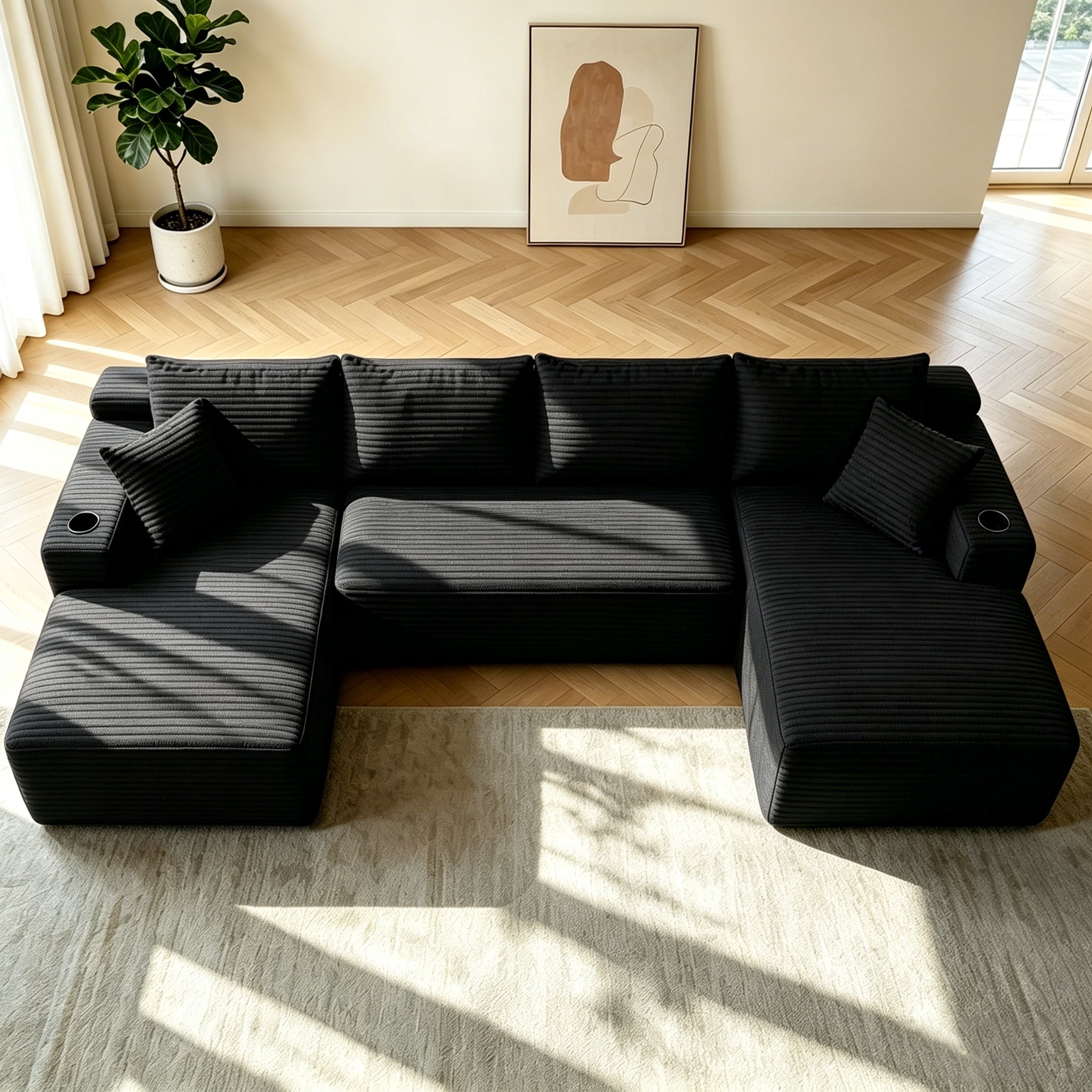 134" Cloud Sectional Sofa with U-Shape Chaise and Side Pockets and Cup holder, Modern Modular Design, No Assembly Required (Plush)Black